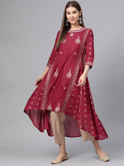 

W Women Maroon & Golden Printed High-Low A-Line Kurta