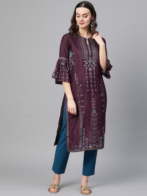 

W Women Aubergine & Blue Printed Straight Kurta, Purple