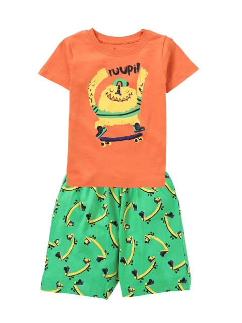 

KiddoPanti Boys Orange & Green Printed T-shirt with Shorts