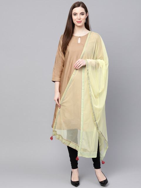 

W Yellow & Green Solid Net Dupatta