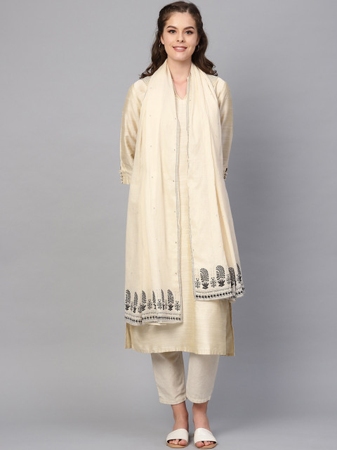 

W Cream-Coloured Printed Pure Cotton Dupatta