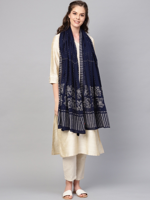 

W Navy Blue & Beige Printed Pure Cotton Dupatta