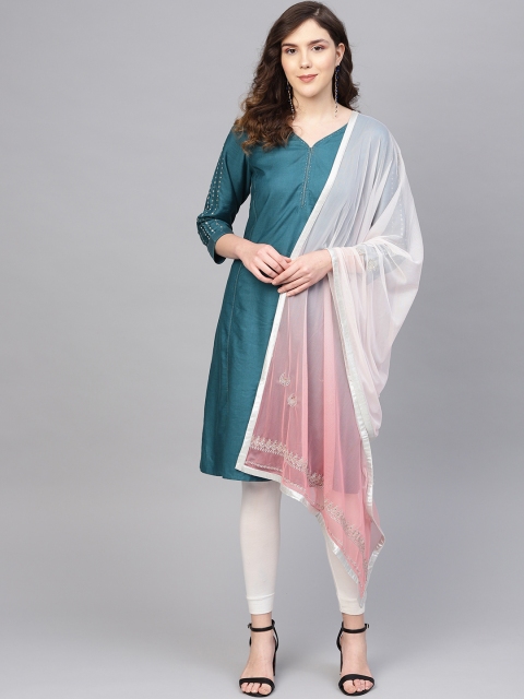 

W White & Pink Gradient Effect Net Dupatta with Embroidered Detail