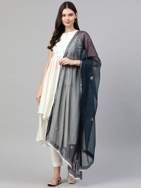 

W Navy Blue Organza Embroidered Dupatta
