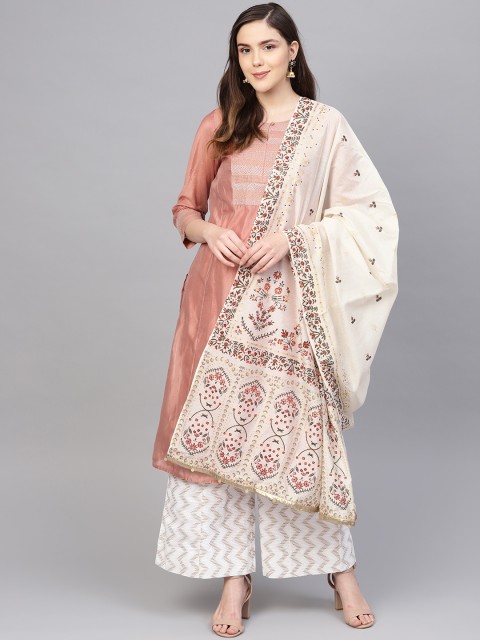 

W Off-White & Green Floral Print Dupatta