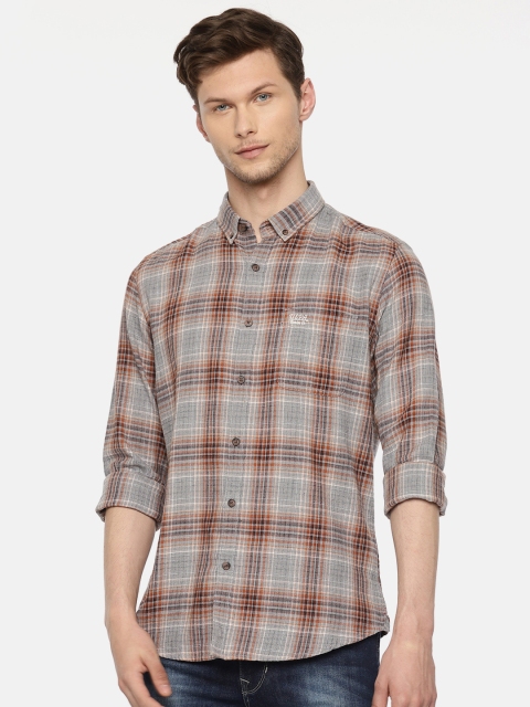 

U.S. Polo Assn. Denim Co. Men Grey & Rust Brown Checked Casual Shirt