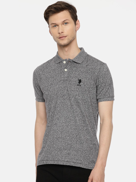 

U.S. Polo Assn. Men Grey Melange Solid Slim Fit Polo Collar Pure Cotton T-shirt