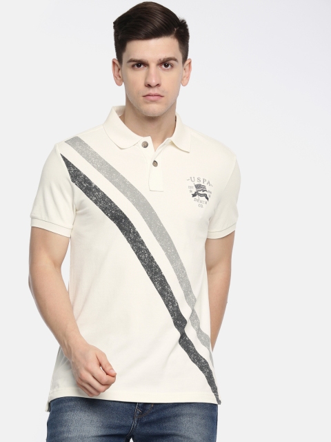 

U.S. Polo Assn. Denim Co. Men Cream-Coloured Black Striped Polo Collar Pure Cotton T-shirt