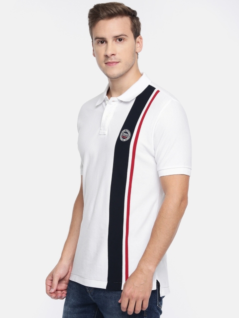 

U.S. Polo Assn. Men White Navy Blue Striped Slim Fit Polo Collar Pure Cotton T-shirt