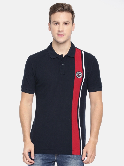 

U.S. Polo Assn. Men Navy Blue Red Striped Slim Fit Polo Collar Pure Cotton T-shirt