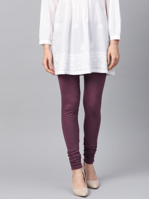 

W Women Aubergine Solid Churidar Length Leggings, Purple