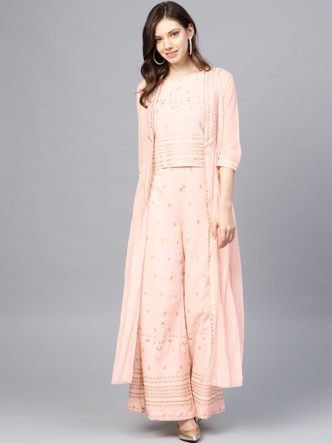 

W Women Peach-Coloured & Golden Printed Top with Palazzos & Ethnic Jacket