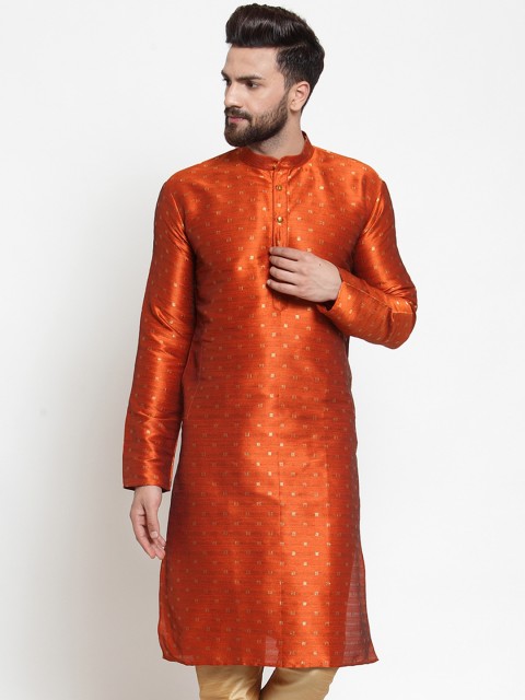 

Jompers Men Rust Orange Woven Design Straight Kurta