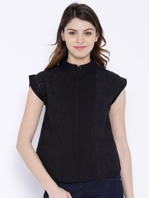 

Tokyo Talkies Black Schifli Lace Semi-Sheer Top