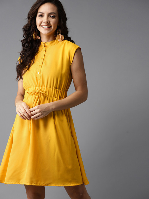 

HERE&NOW Women Mustard Yellow Solid Fit and Flare Dress