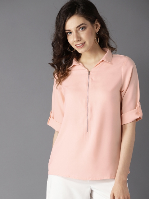 

HERE&NOW Women Peach-Coloured Solid Shirt Style Top
