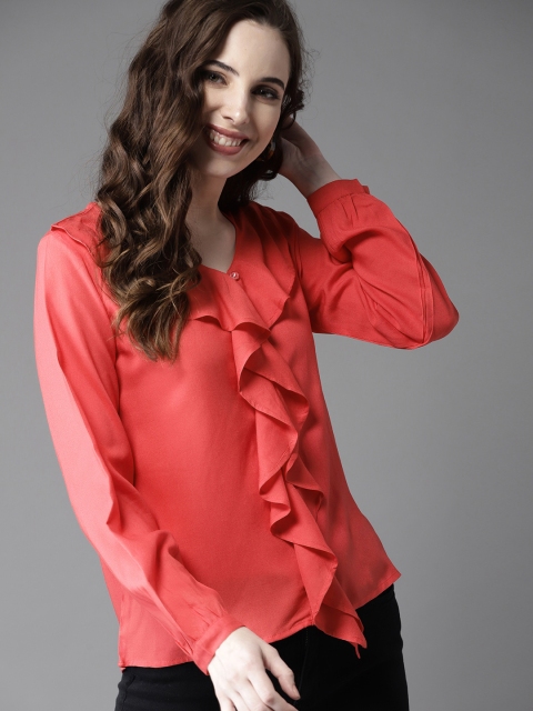 

HERE&NOW Women Coral Orange Solid Ruffle Detail Top