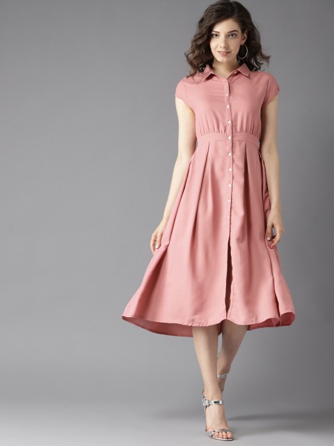 

HERE&NOW Women Pink Solid Midi Shirt Dress