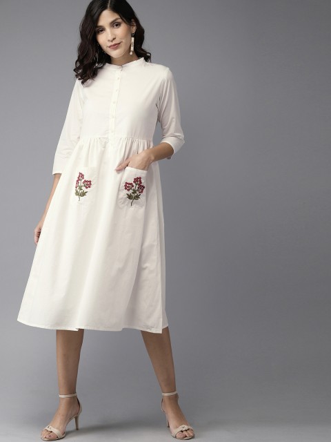 

HERE&NOW Women Solid White Embroidered Fit and Flare Dress