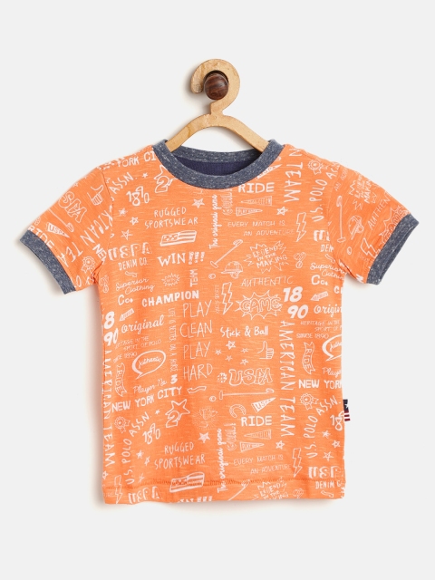 

U.S. Polo Assn. Kids Boys Orange White Printed Round Neck Pure Cotton T-shirt