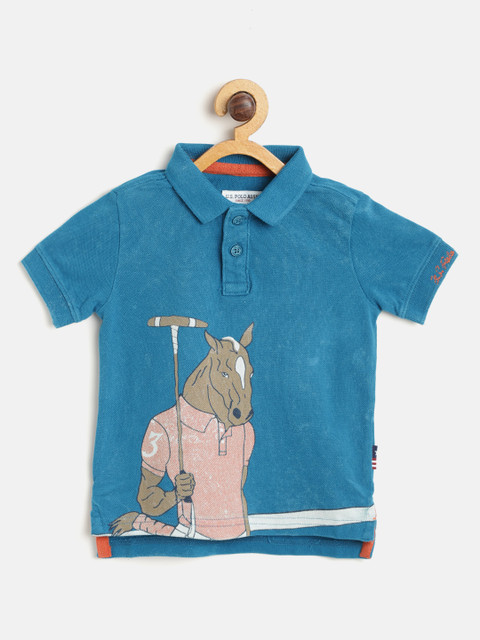 

U.S. Polo Assn. Kids Boys Teal Blue Printed Polo Collar T-shirt