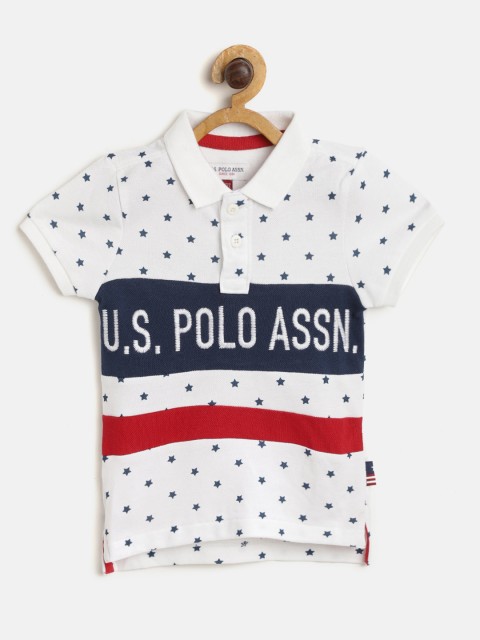 

U.S. Polo Assn. Kids Boys White Navy Blue Printed Polo Collar Pure Cotton T-shirt