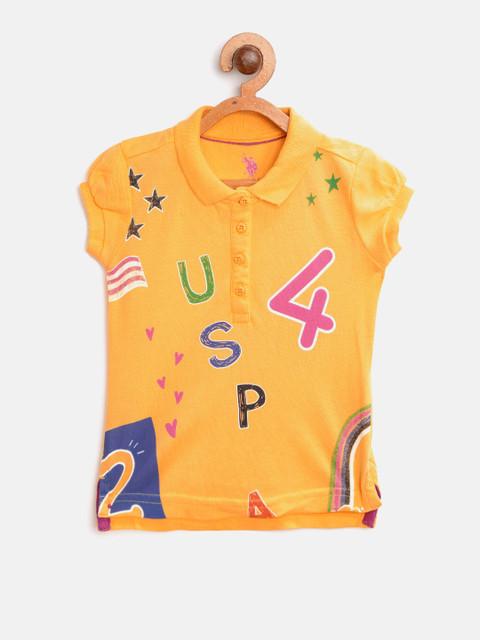 

U.S. Polo Assn. Kids Girls Yellow Printed Polo Collar T-shirt