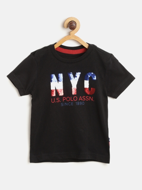 

U.S. Polo Assn. Kids Boys Black Sequinned Round Neck Pure Cotton T-shirt