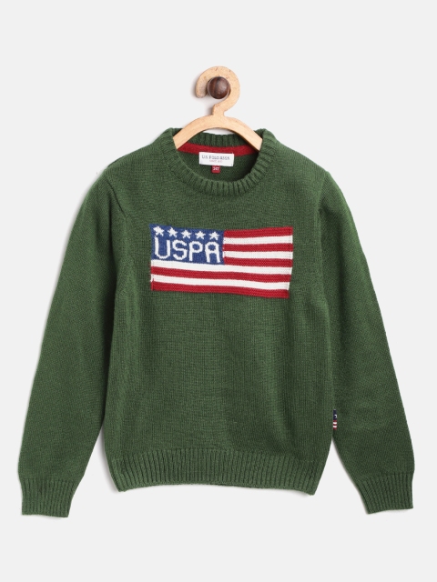 

U.S. Polo Assn. Kids Boys Olive Green Self Design Pullover Sweater