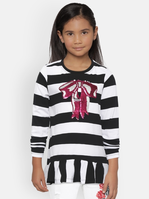 

U.S. Polo Assn. Kids Girls Black & White Striped Pure Cotton Top with Flip Sequin