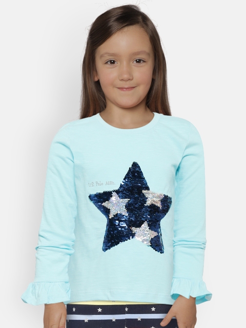 

U.S. Polo Assn. Kids Girls Blue Mermaid Sequinned Pure Cotton Top