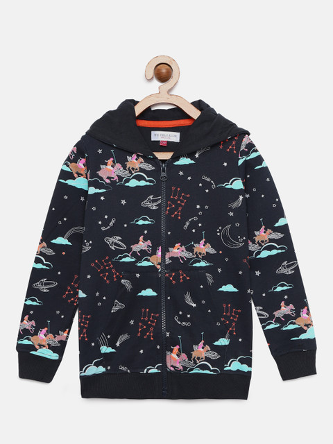 

U.S. Polo Assn. Kids Girls Navy Blue Printed Hooded Sweatshirt