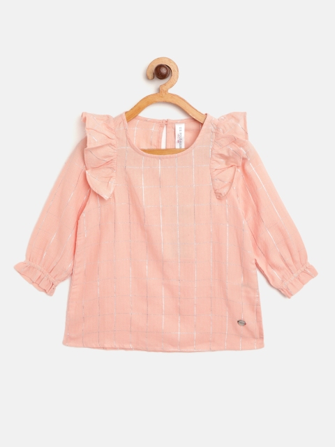 

U.S. Polo Assn. Kids Girls Peach-Coloured & Silver Checked Top with Ruffled Detail