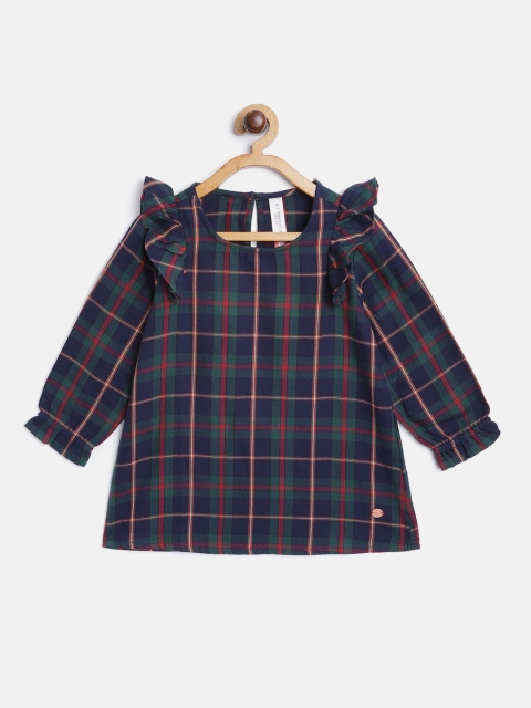 

U S Polo Assn Kids Navy Blue & Green Checked Ruffles A-Line Top