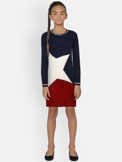 

U.S. Polo Assn. Kids Girls Navy Blue & Burgundy Colourblocked Sweater Dress
