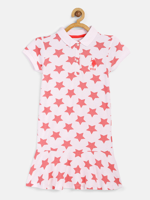 

U.S. Polo Assn. Kids Girls White & Pink Printed Drop-Waist Dress