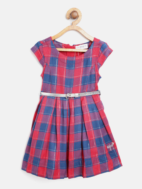 

U.S. Polo Assn. Kids Girls Red & Navy Blue Checked Fit and Flare Dress with Belt