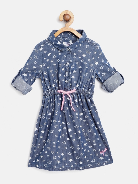 

U.S. Polo Assn. Kids Girls Navy Blue & White Printed Chambray Shirt Dress