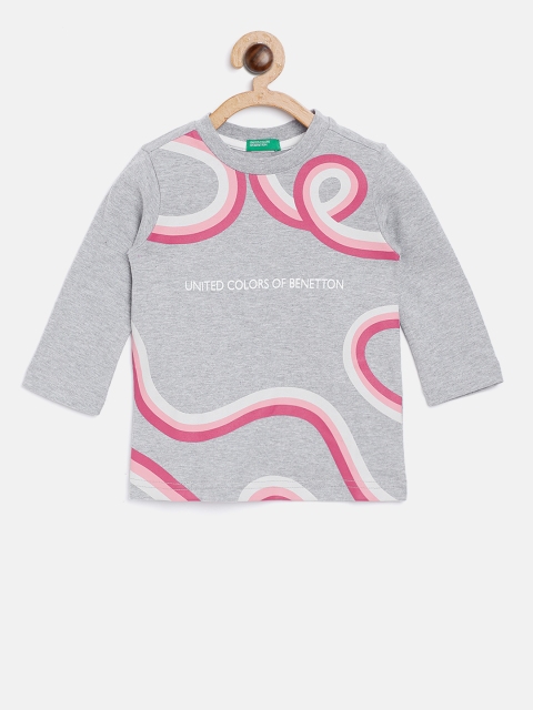 

United Colors of Benetton Boys Grey Melange & Pink Printed Round Neck T-shirt