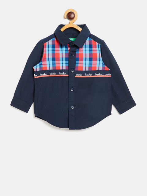 

United Colors of Benetton Boys Navy Blue & Orange Checked Casual Shirt