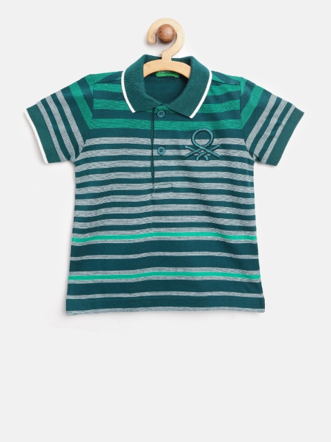 

United Colors of Benetton Boys Green & White Striped Polo Collar T-shirt