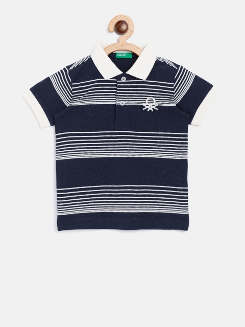 

United Colors of Benetton Boys Navy Blue & White Striped Polo Collar T-shirt