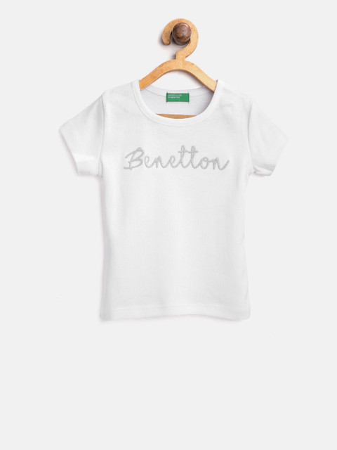 

United Colors of Benetton Girls White Solid Round Neck T-shirt with Printed Detail