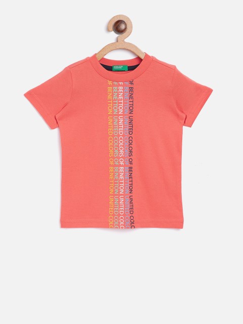 

United Colors of Benetton Boys Coral Pink Printed Round Neck T-shirt