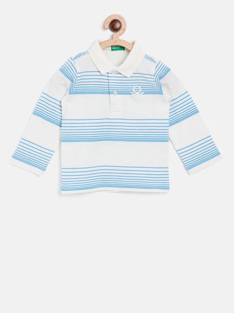 

United Colors of Benetton Boys White & Blue Striped Polo Collar T-shirt