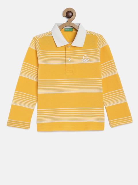 

United Colors of Benetton Boys Mustard Yellow & White Striped Polo Collar T-shirt