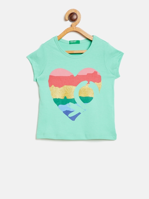 

United Colors of Benetton Girls Green Printed Round Neck T-shirt