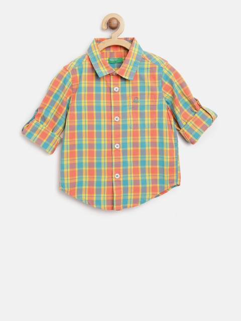 

United Colors of Benetton Boys Orange & Green Regular Fit Checked Casual Shirt