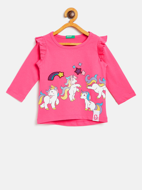 

United Colors of Benetton Girls Pink & White Printed Pure Cotton Top