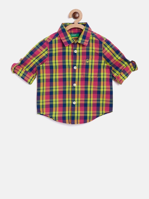 

United Colors of Benetton Boys Lime Green & Pink Regular Fit Checked Casual Shirt